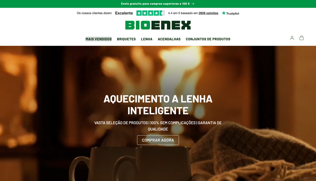 Página inicial da loja online BIOENEX Portugal com um banner de fundo focado numa lareira acesa.
