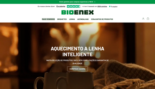 Página inicial da loja online BIOENEX Portugal com um banner de fundo focado numa lareira acesa.